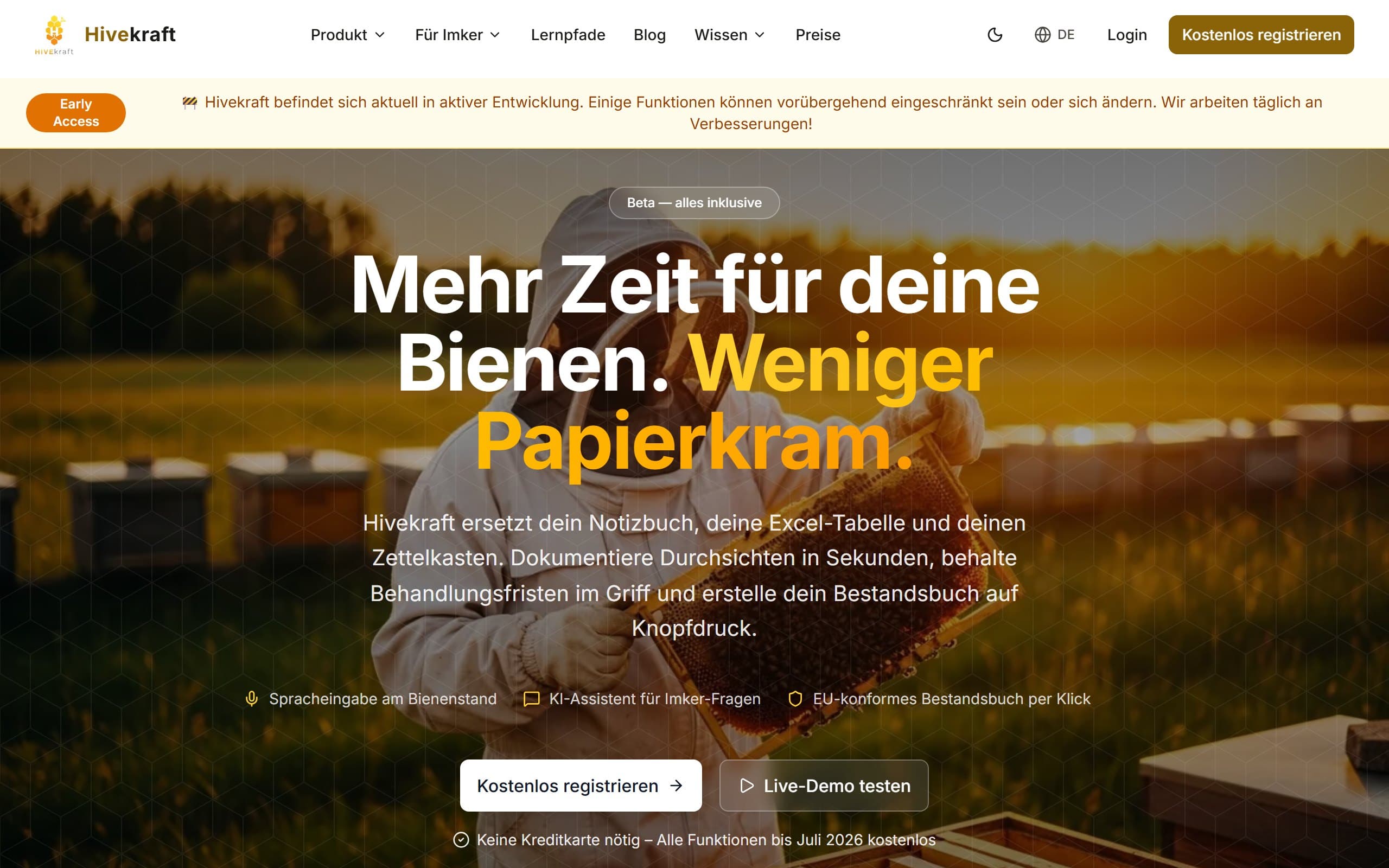 Startseite von Hivekraft, dem Imker-Tool von fero-solutions