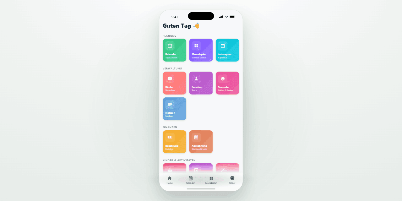 Kindergarten-Planer App: Startbildschirm mit Kacheln für Planung, Verwaltung, Finanzen und Aktivitäten